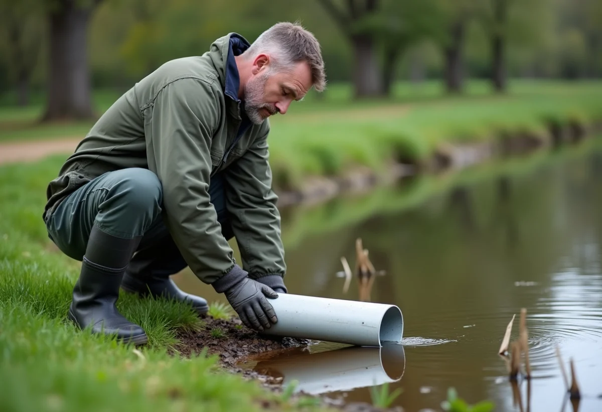 Homme en tenue de travail installant un siphon au bord d'un étang rural