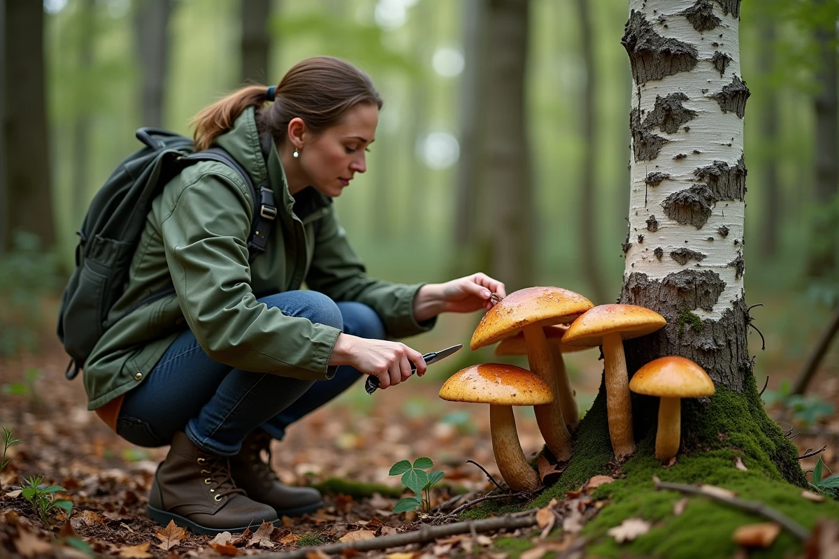 Mycologiste amateure inspectant des bolets en forêt de bouleaux, couteau en main pour identifier la chair jaune