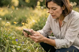 Femme identifiant une fleur sauvage violette avec son smartphone dans une prairie naturelle