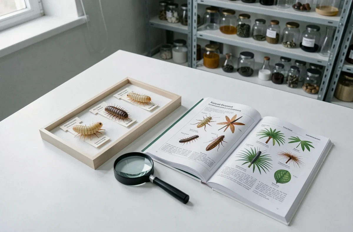 Plateau entomologique de laboratoire avec larves identifiées, loupe et guide de terrain pour distinguer les larves de papillon palmier et de charançon rouge.