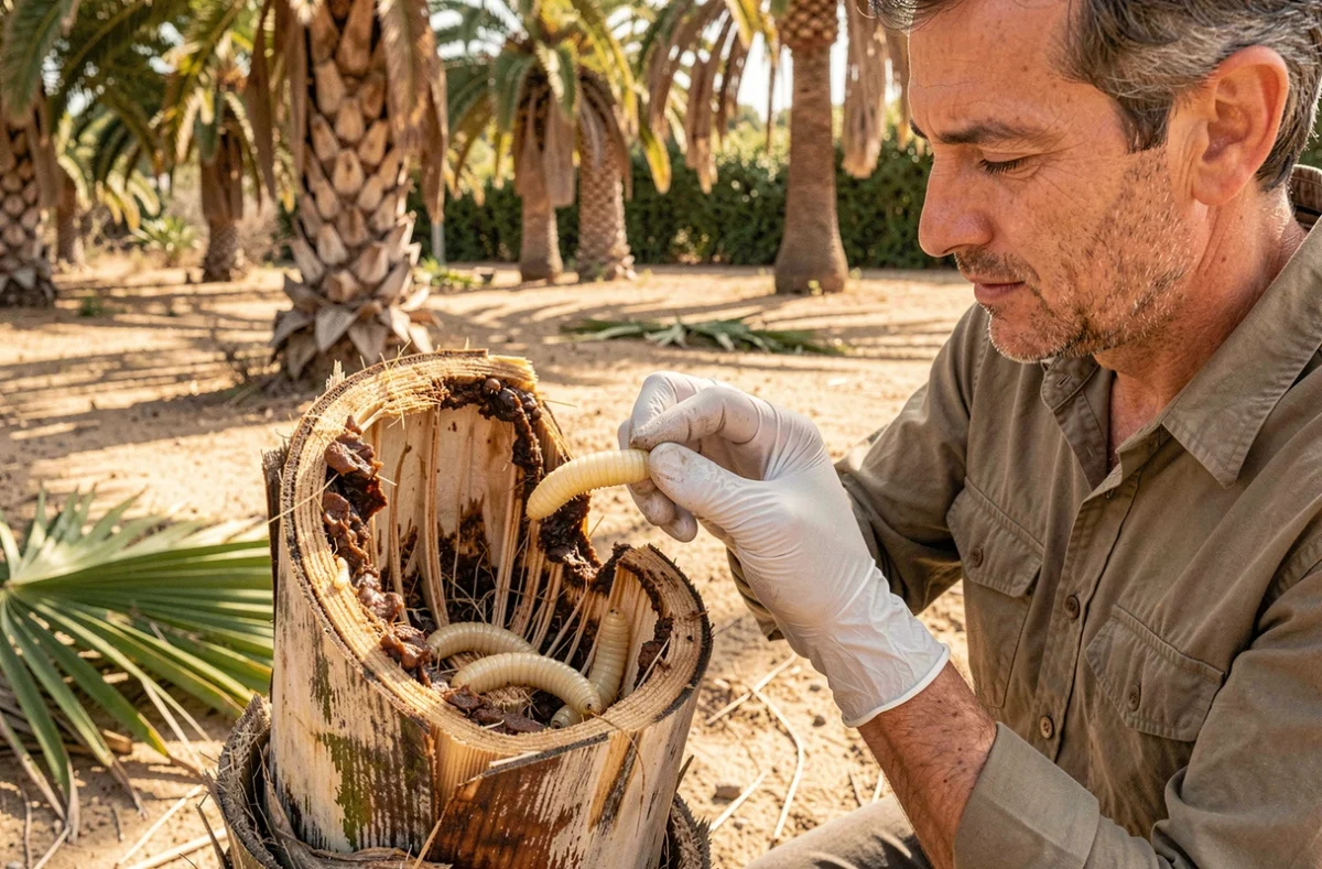 Entomologiste inspectant une galerie dans un tronc de palmier et tenant une larve de charançon rouge pour identification sur le terrain.