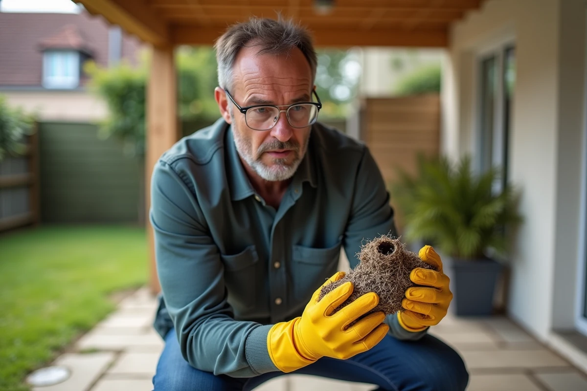 Homme portant des gants de protection inspectant un nid de frelon asiatique sous une pergola de terrasse