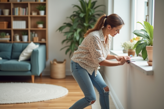Femme installant une bordure décorative dans un salon
