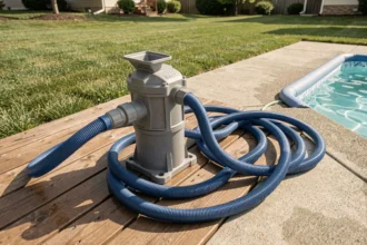 Schéma installation pompe piscine Intex avec skimmer et prise balai sur terrasse en bois