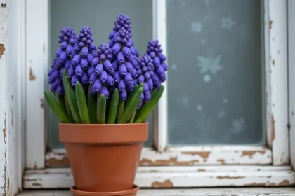 Pot en terre cuite avec des jacinthes orientalis violettes en fleurs sur un appui de fenêtre en bois patiné