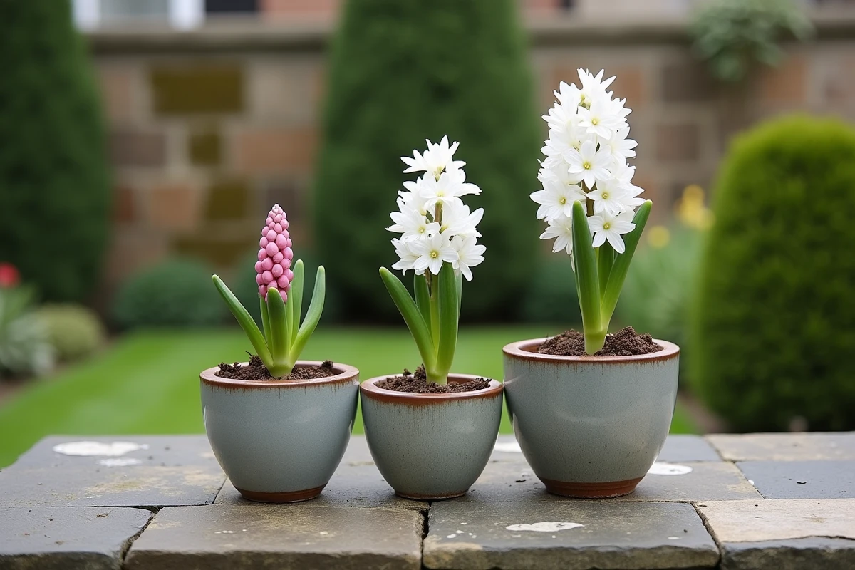 Trois pots en céramique de jacinthes orientalis à différents stades de floraison sur une table en pierre dans un jardin printanier