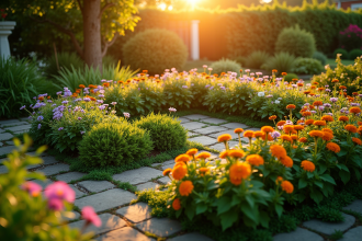 Vue aérienne d'un jardin coloré au coucher du soleil