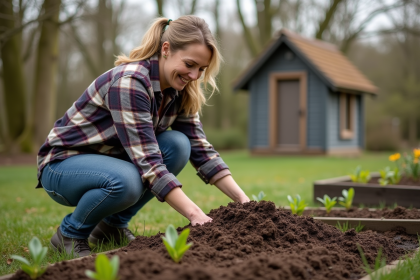 Femme en jeans étalant du compost dans un jardin au printemps