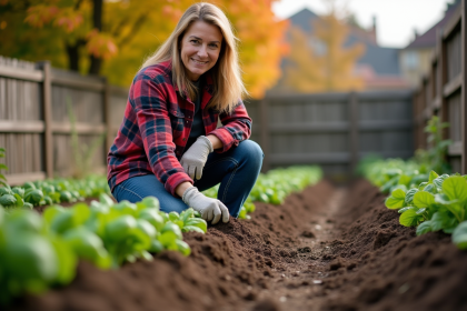 Femme en flanelle plantant des jeunes légumes dans un jardin
