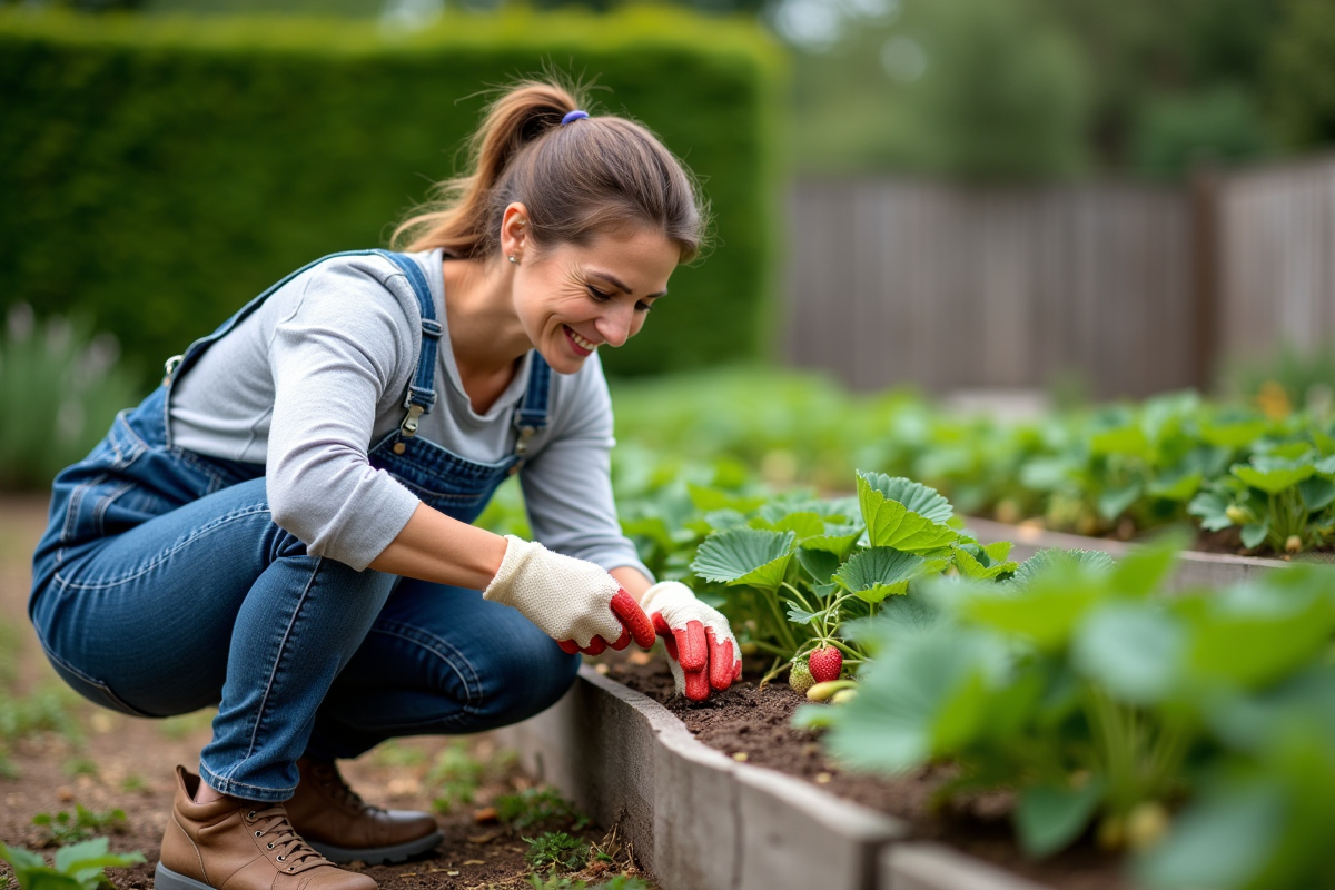 Femme en salopette de denim et gants de jardinage près de fraisiers