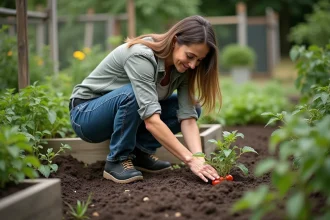 Femme en jardinage plantant une tomate dans un jardin luxuriant