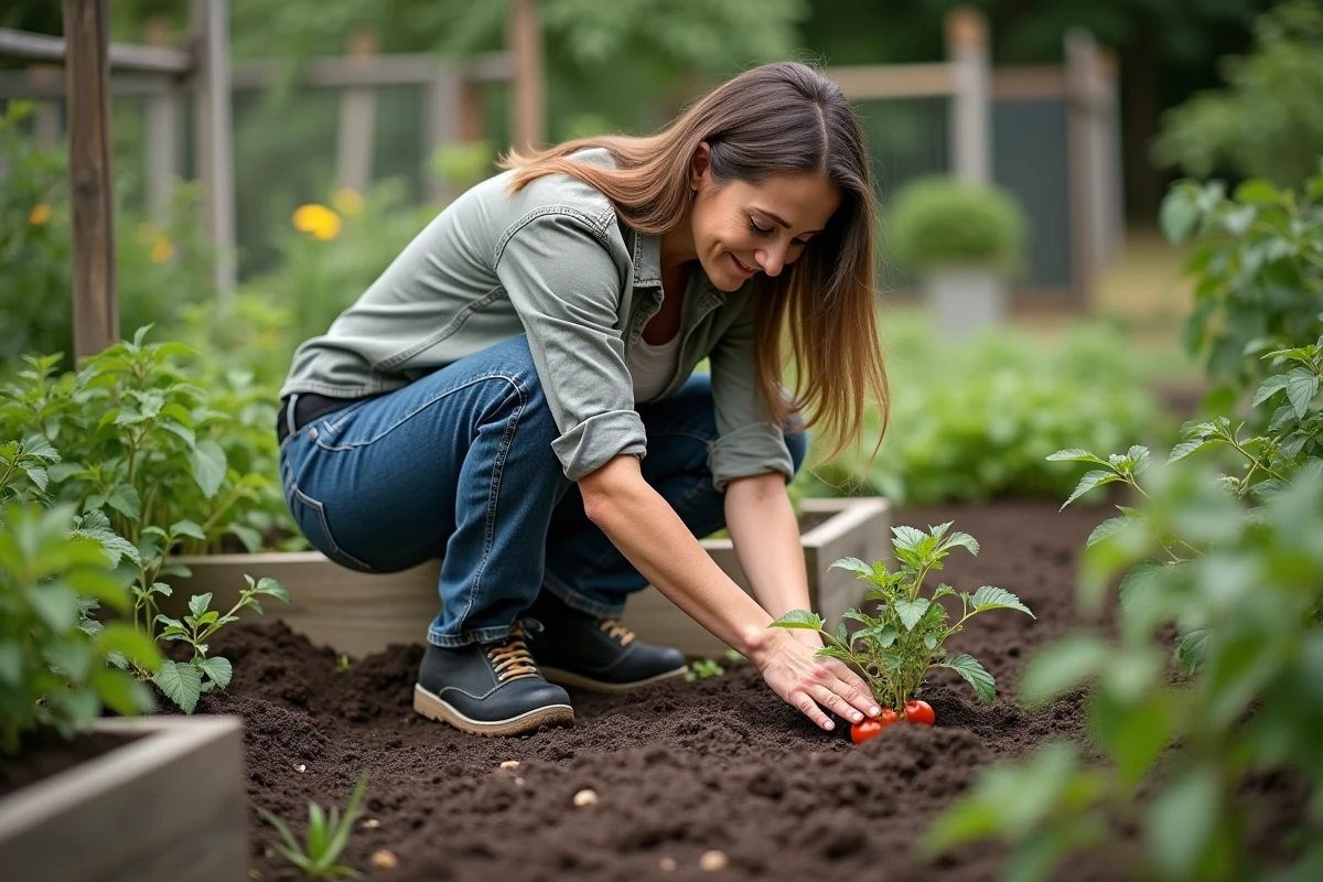 Femme en jardinage plantant une tomate dans un jardin luxuriant