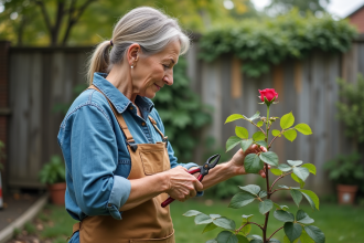 Femme en jardinage examinant un rosier dans un jardin