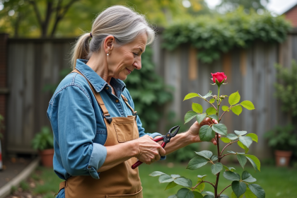 Femme en jardinage examinant un rosier dans un jardin