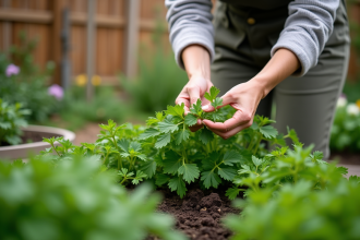 Femme récoltant du persil dans un jardin en extérieur