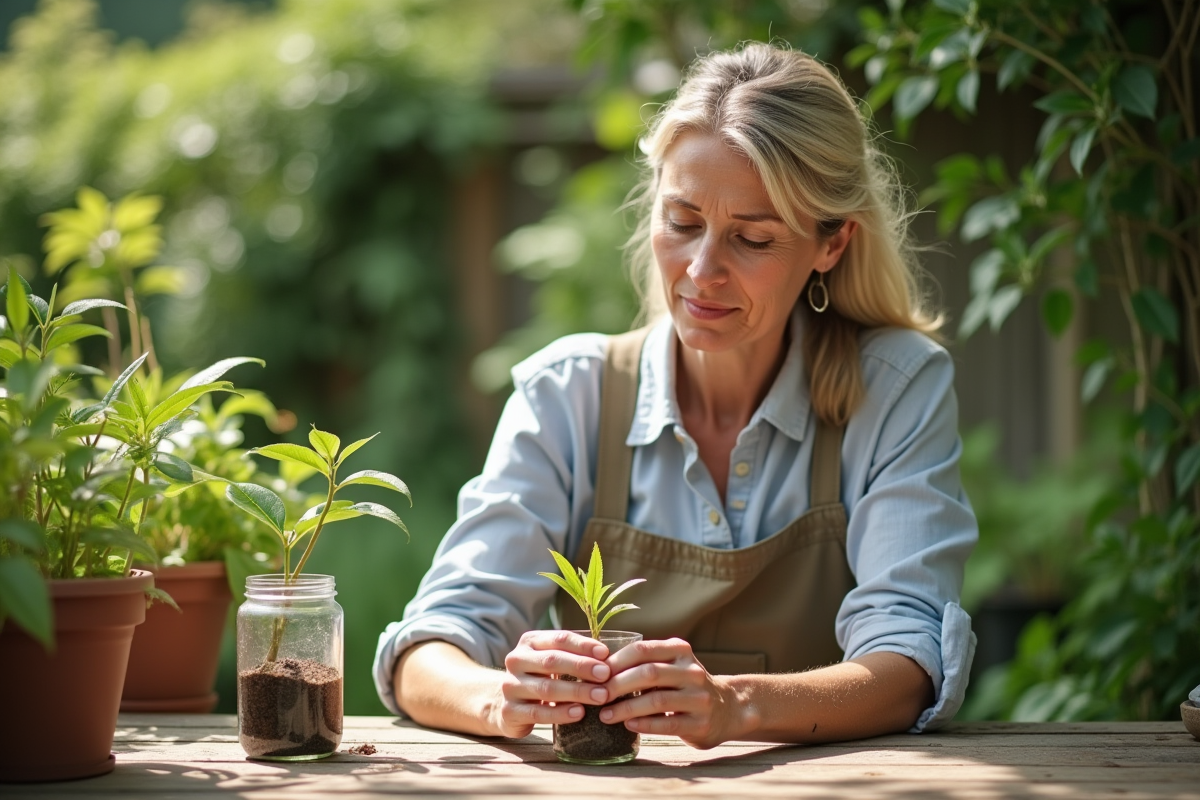 Femme plantant une jeune pousse dans un jardin ensoleille