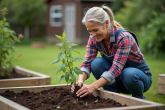 Femme jardiniere plantant une tomate dans un jardin