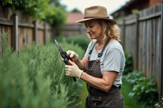 Femme en jardinage taillant un romarin dans le jardin