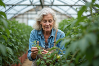 Femme inspectant des plants de tomates dans une serre