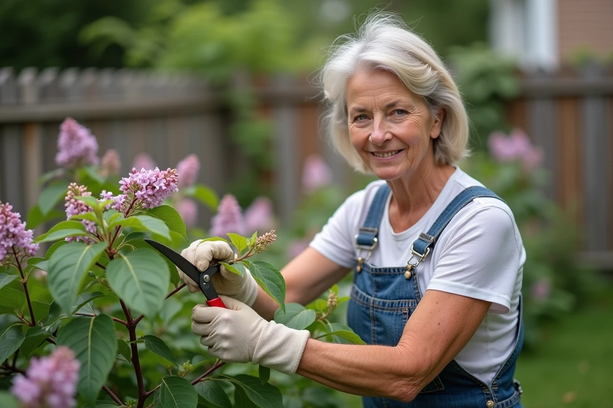 Femme en tenue de jardinage taillant un arbuste avec soin