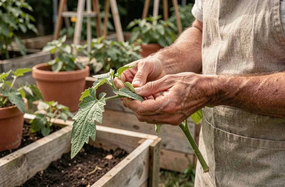 Jardinier tenant une feuille de tomate avec une chenille verte dans un potager bio