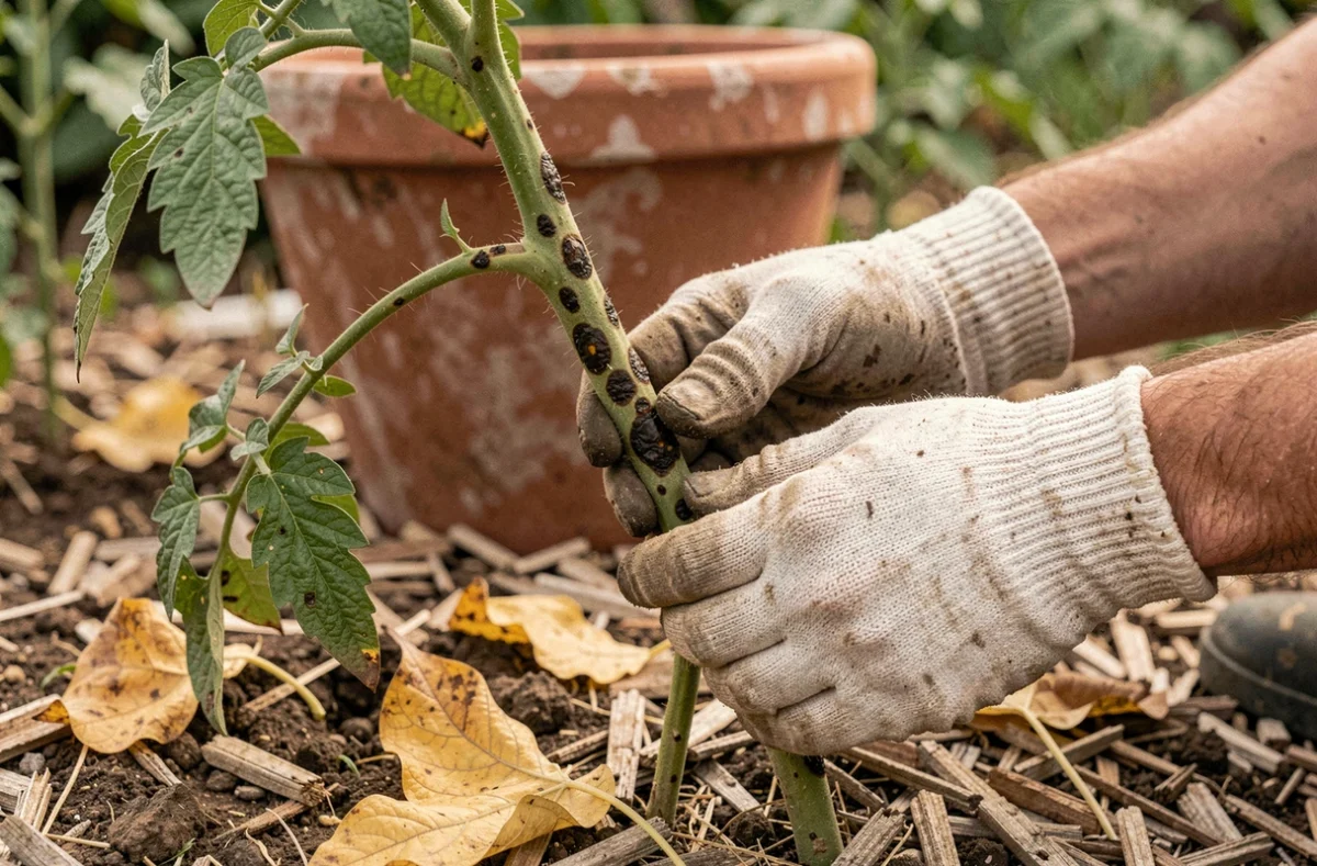 Jardinier examinant une tige de tomate présentant des lésions sombres de maladie fongique dans le potager