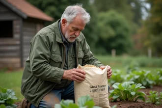 Homme jardinier tenant un sac d'engrais castor dans un jardin