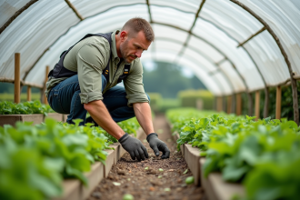 Homme horticulteur inspectant un filet de protection dans le jardin