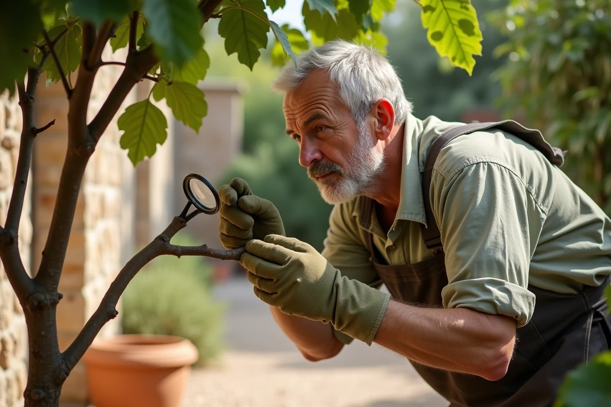 Jardinier inspectant les branches d'un figuier pour détecter les premiers symptômes d'une maladie