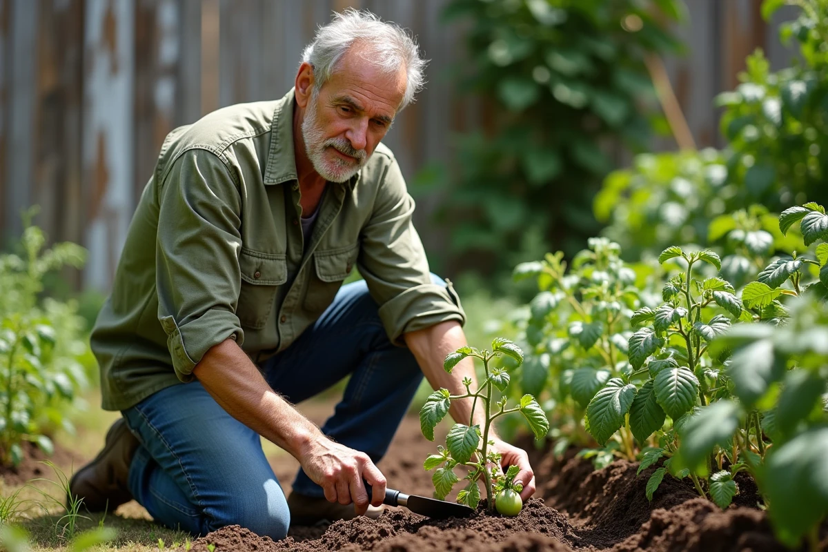 Jardinier inspectant le sol au pied d'un plant de tomates aux feuilles jaunies dans un jardin privatif