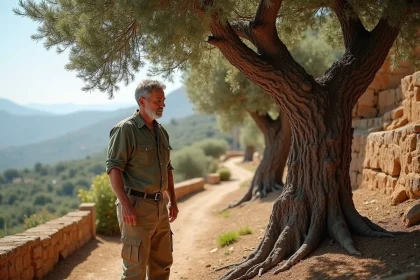 Jardinier examinant un olivier taillé sévèrement au printemps dans un jardin méditerranéen