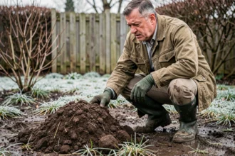 Jardinier examinant une taupinière fraîche dans un jardin en début de printemps