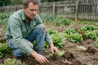 Homme jardinier examinant la terre dans le jardin