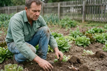 Homme jardinier examinant la terre dans le jardin