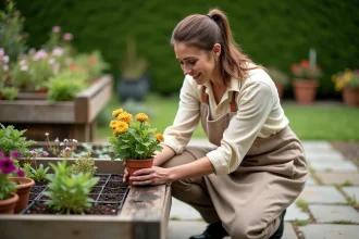 Jardinière en tablier de lin examinant des plantes en pot dans un jardin fleuri au printemps