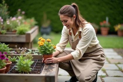 Jardinière en tablier de lin examinant des plantes en pot dans un jardin fleuri au printemps