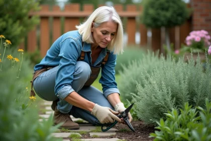 Femme en jardinage taillant une sauge mature