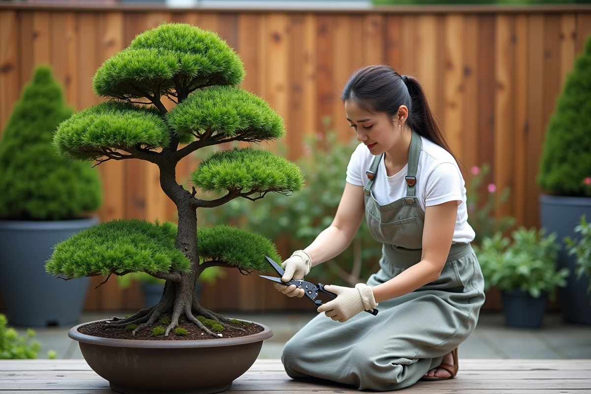 Jardinière en tablier de lin taillant un arbre à crevette en nuage avec des cisailles japonaises dans un jardin urbain