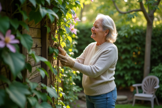 Femme dans la cinquantaine en jardinage avec clematis