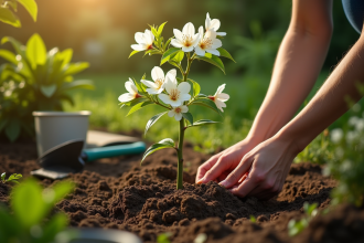 Personne plantant un jeune arbre en fleurs dans un jardin ensoleille