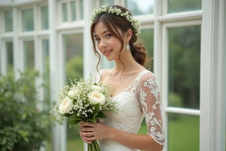 Jeune mariée en robe de dentelle ivoire avec bouquet floral