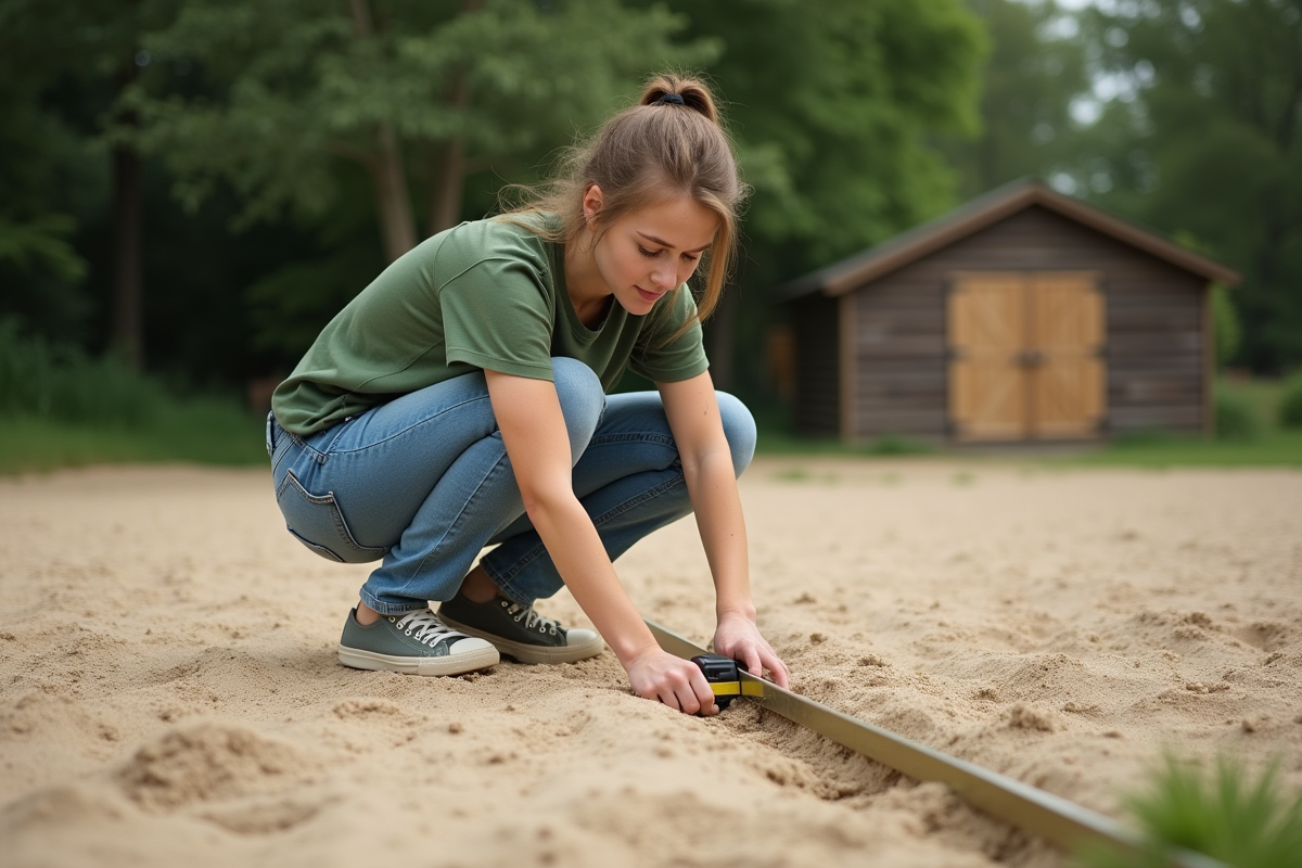 Jeune femme en extérieur mesurant la profondeur du sable