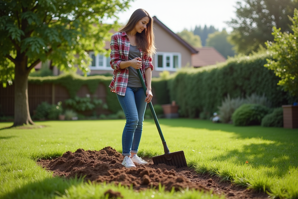 Jeune femme en jeans ratisse compost dans le jardin