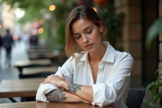 Jeune femme avec tatouage lotus sur l'avant bras