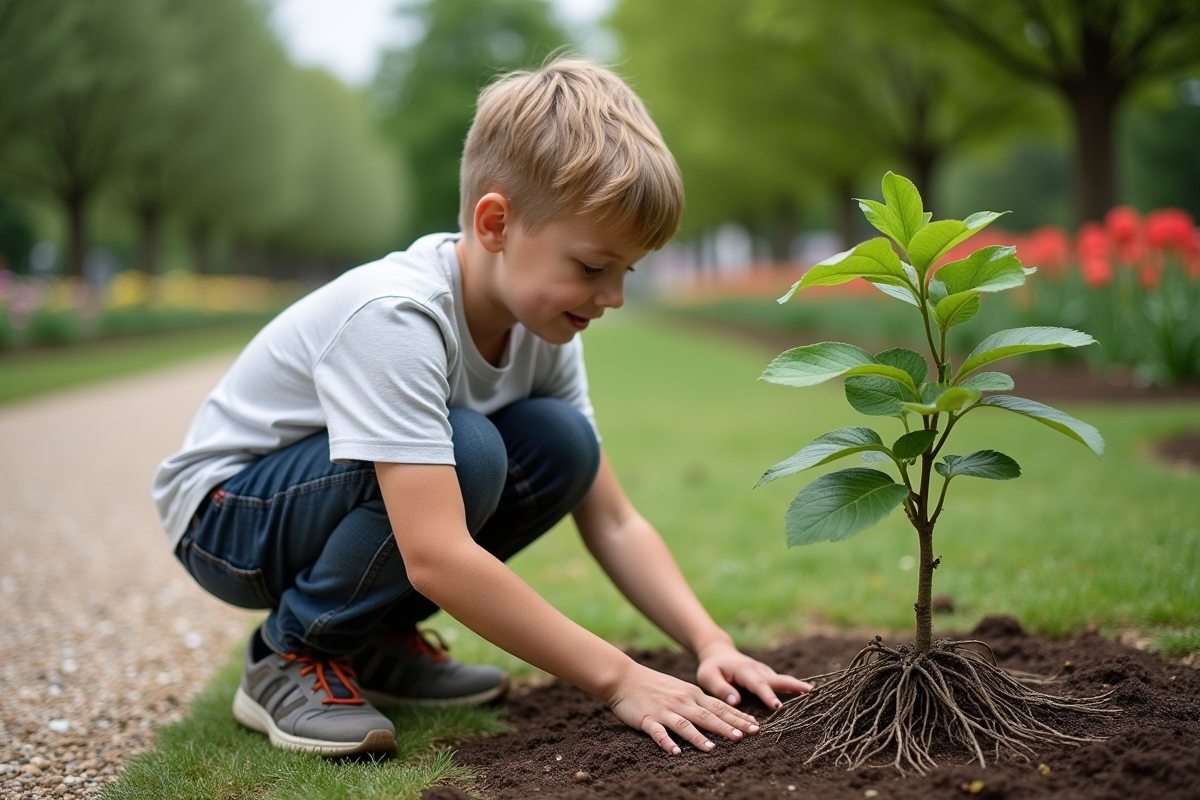 Garçon observant les racines d’un jeune arbre au jardin