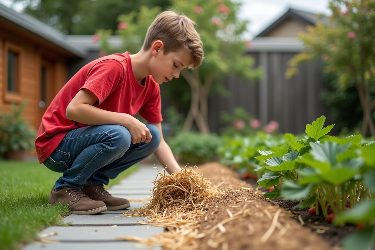 Adolescent en t-shirt rouge étalant de la paille autour des fraisiers