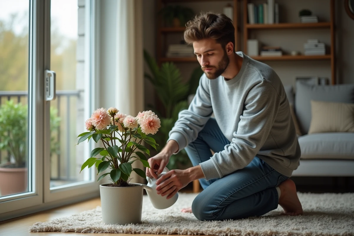 Jeune homme arrosant une azalee fanée près d