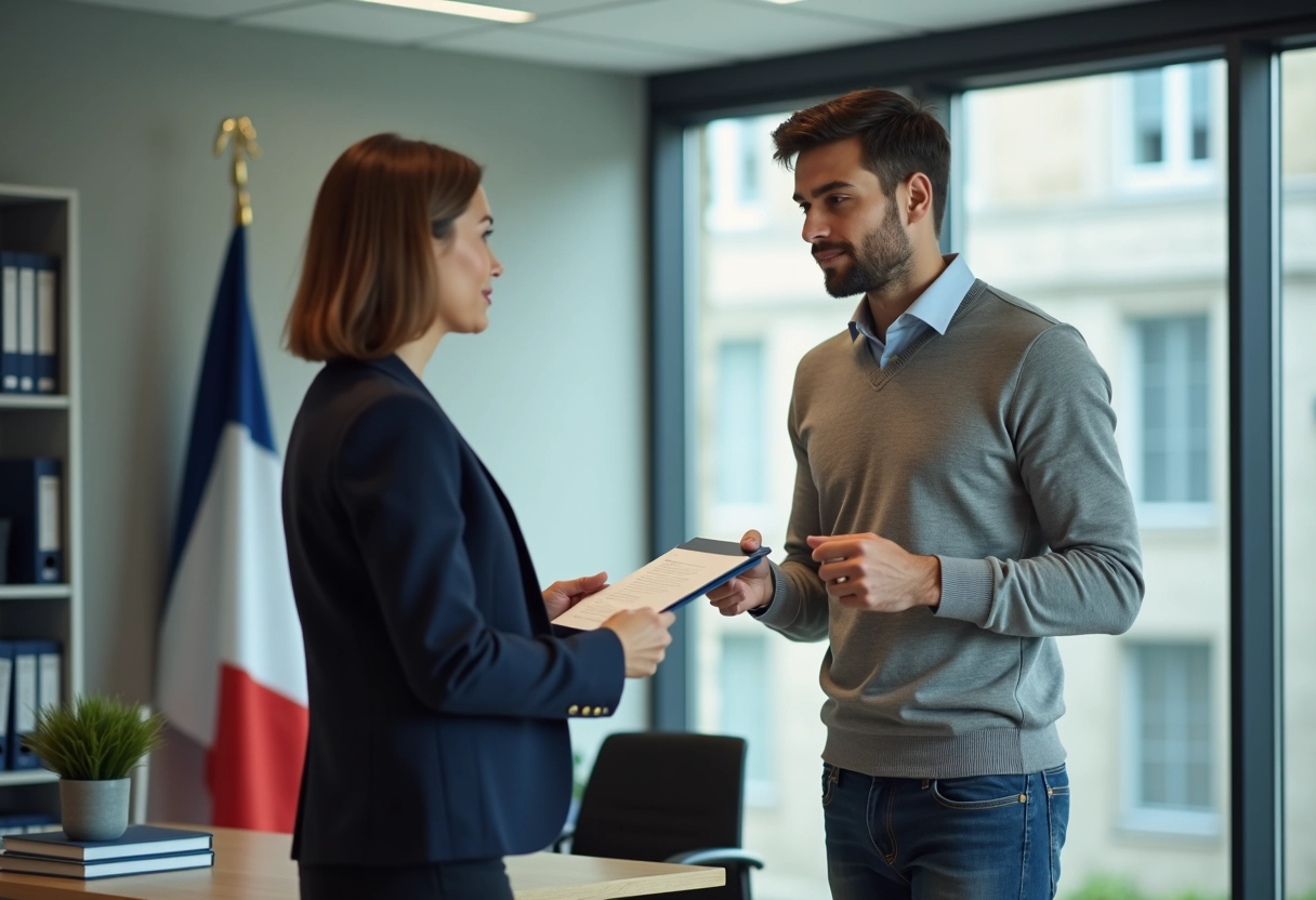 Jeune homme discutant avec un conseiller dans un bureau lumineux