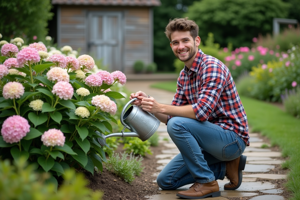 Jeune homme arrosant une hydrangea dans un jardin