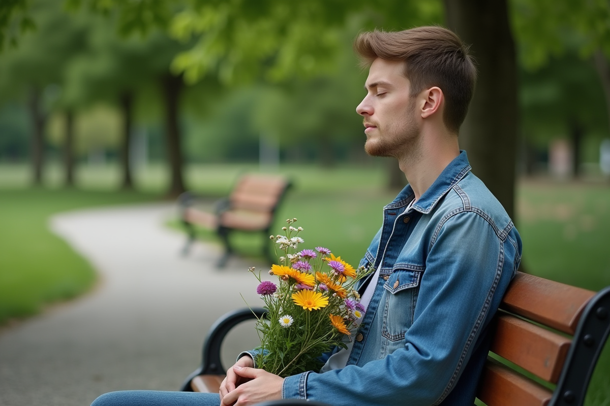 Jeune homme avec fleurs anti-anxiete dans un parc